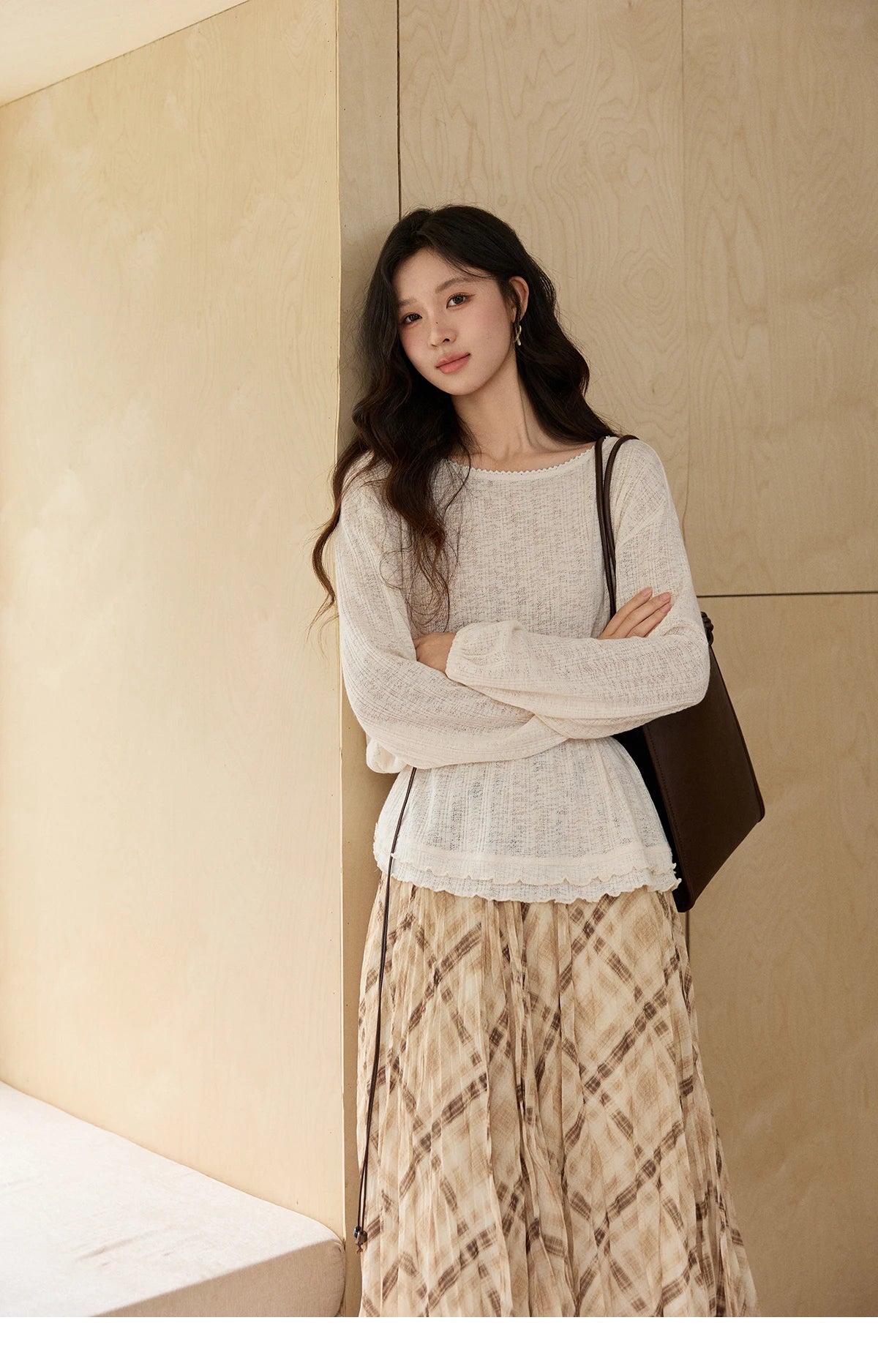 Mishow Lace Trim Boat Neck Knit Top with Belt MXF13Z3002