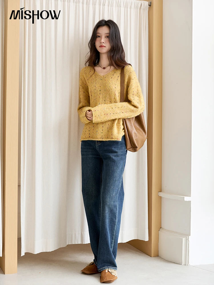 Mishow Retro Yellow Sequins V-Neck Pullover MXE47Z2572