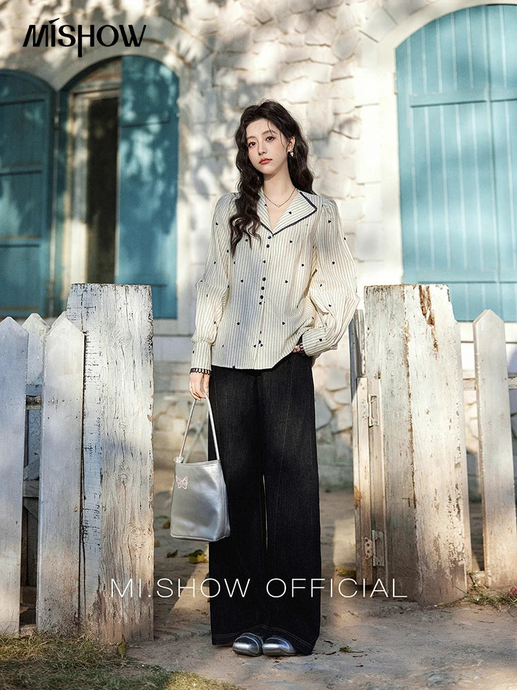MISHOW Striped Bubble Sleeve Shirt Love Embroidered MXE12C0390