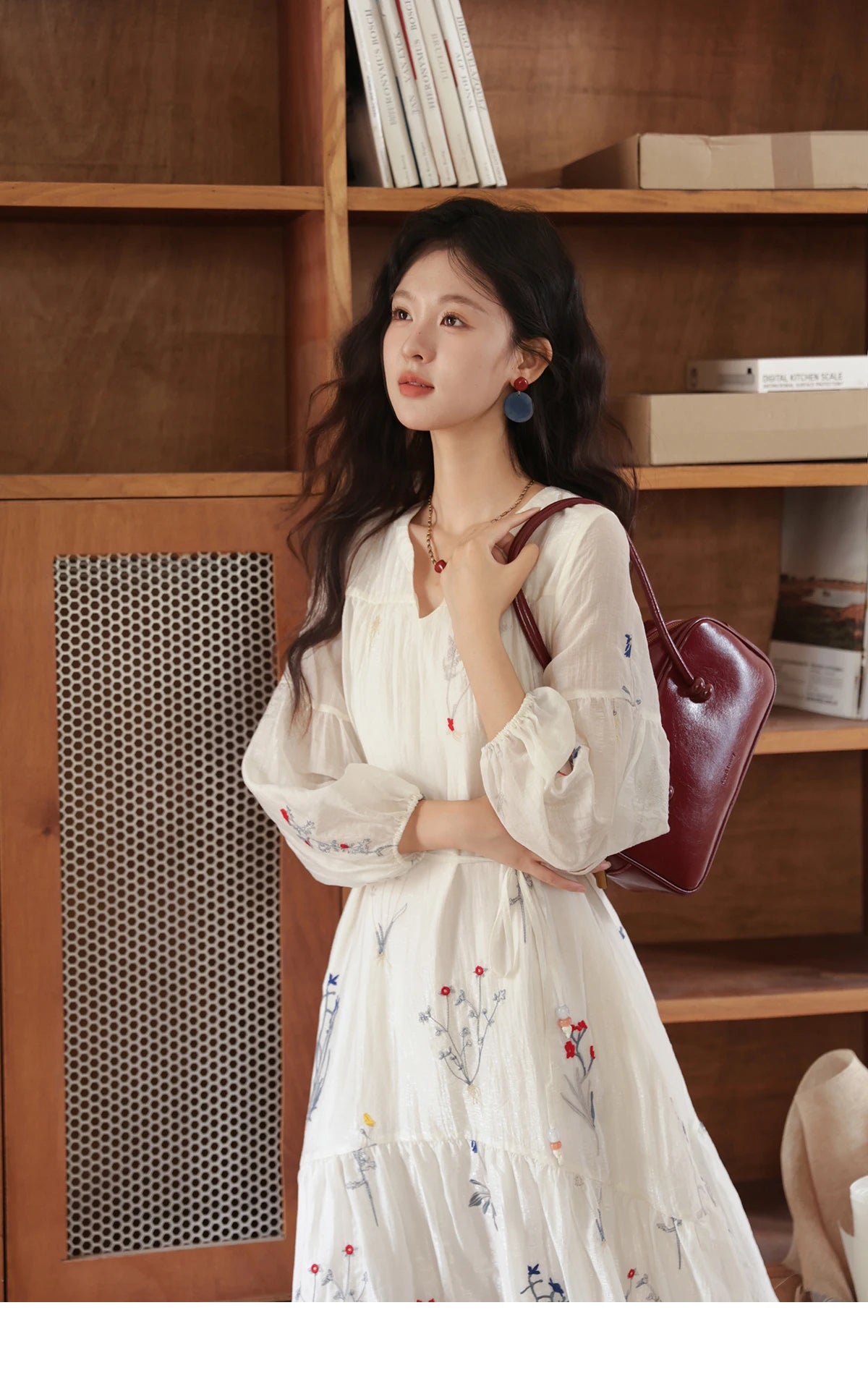 Mishow Beige Curved Collar Lantern Sleeve Tied Dress MXE41L2487