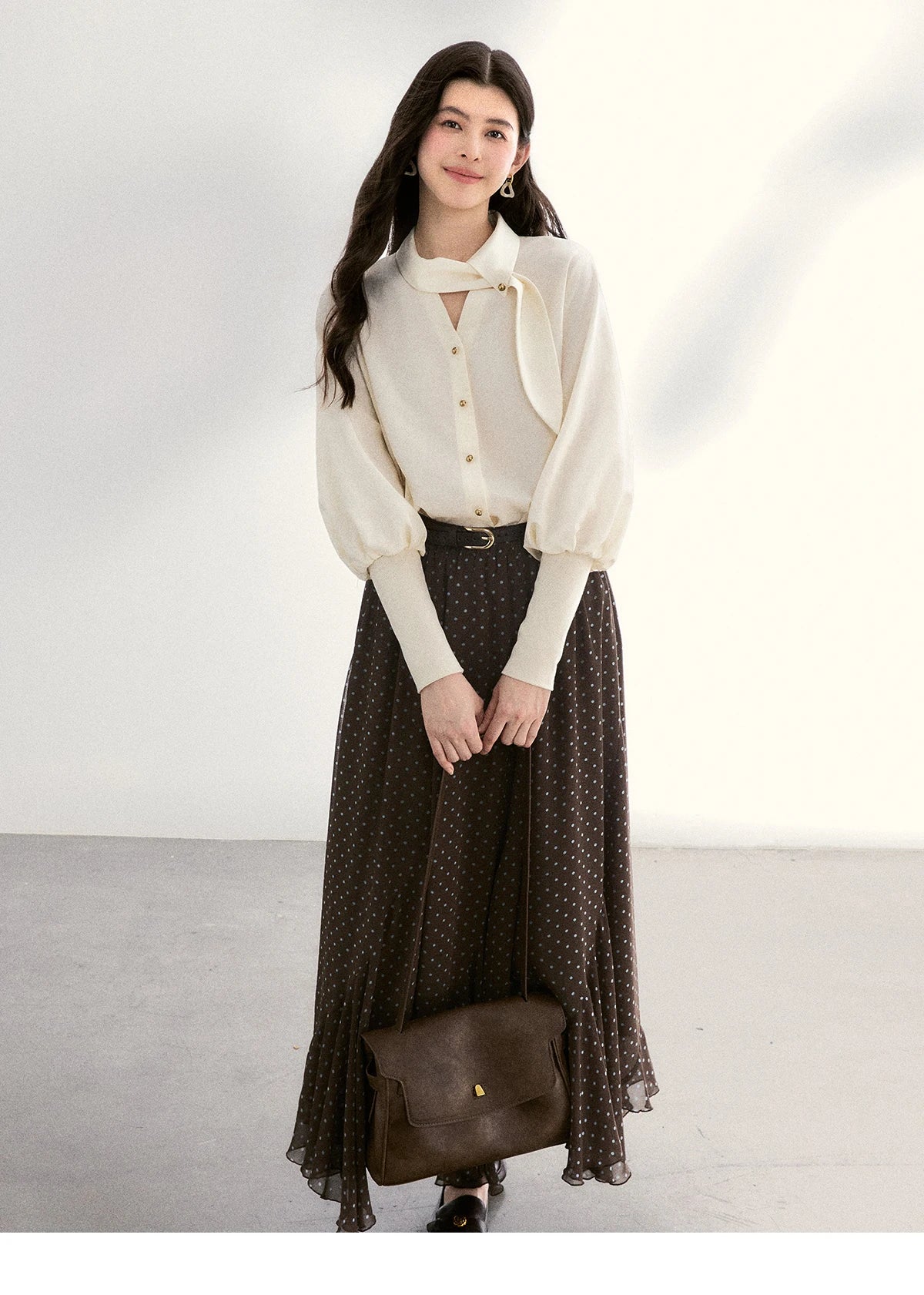MISHOW Women's Tie Neck Shirt Hollow Out Knitted Patchwork Puff Sleeve MXF108C0812