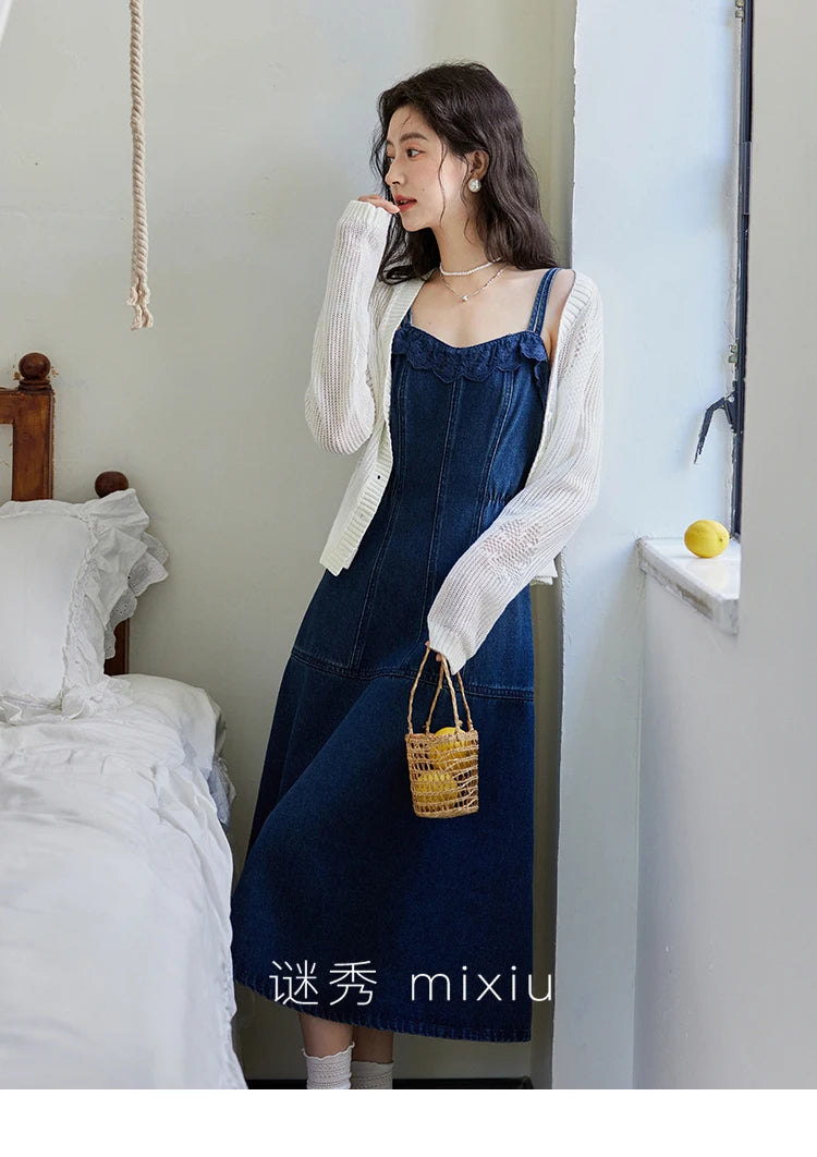 Mishow Denim Camisole Hollowed Out Lace Edge Dress MXE13L2094