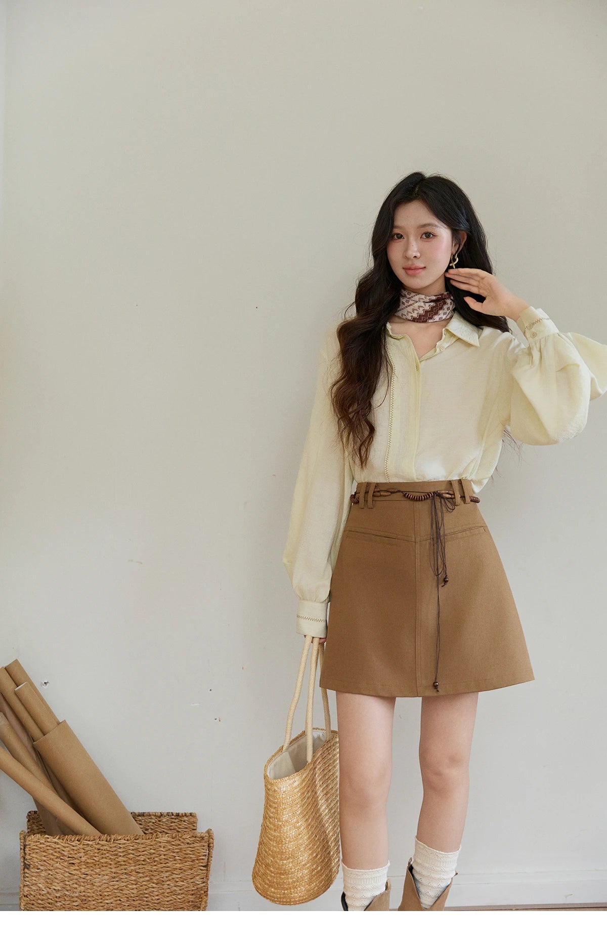 MISHOW Lapel Lantern Sleeve Shirt Lace Trim Loose MXF13C2436