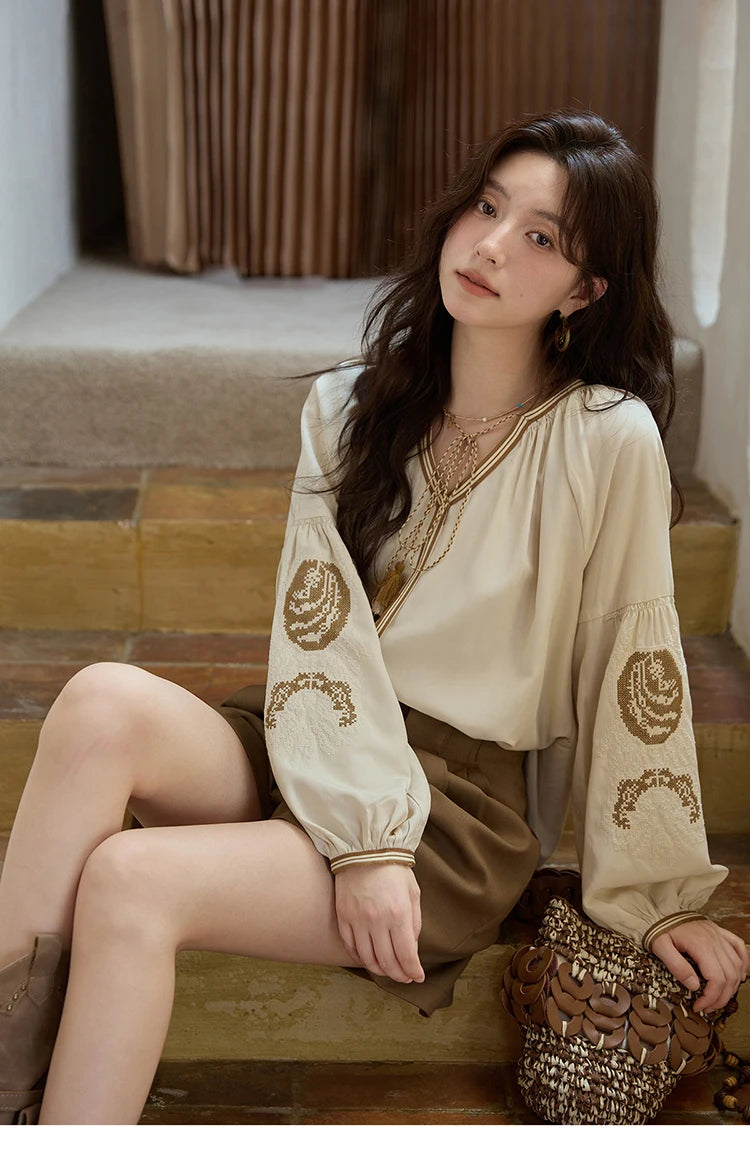 MISHOW Apricot Embroidered Blouse Tassels Lantern Sleeves MXE41X1940