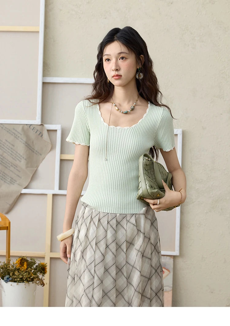 MISHOW Apricot Green Retro Plaid Skirt Pleated Chiffon High Waist A-Line MXE35B0747