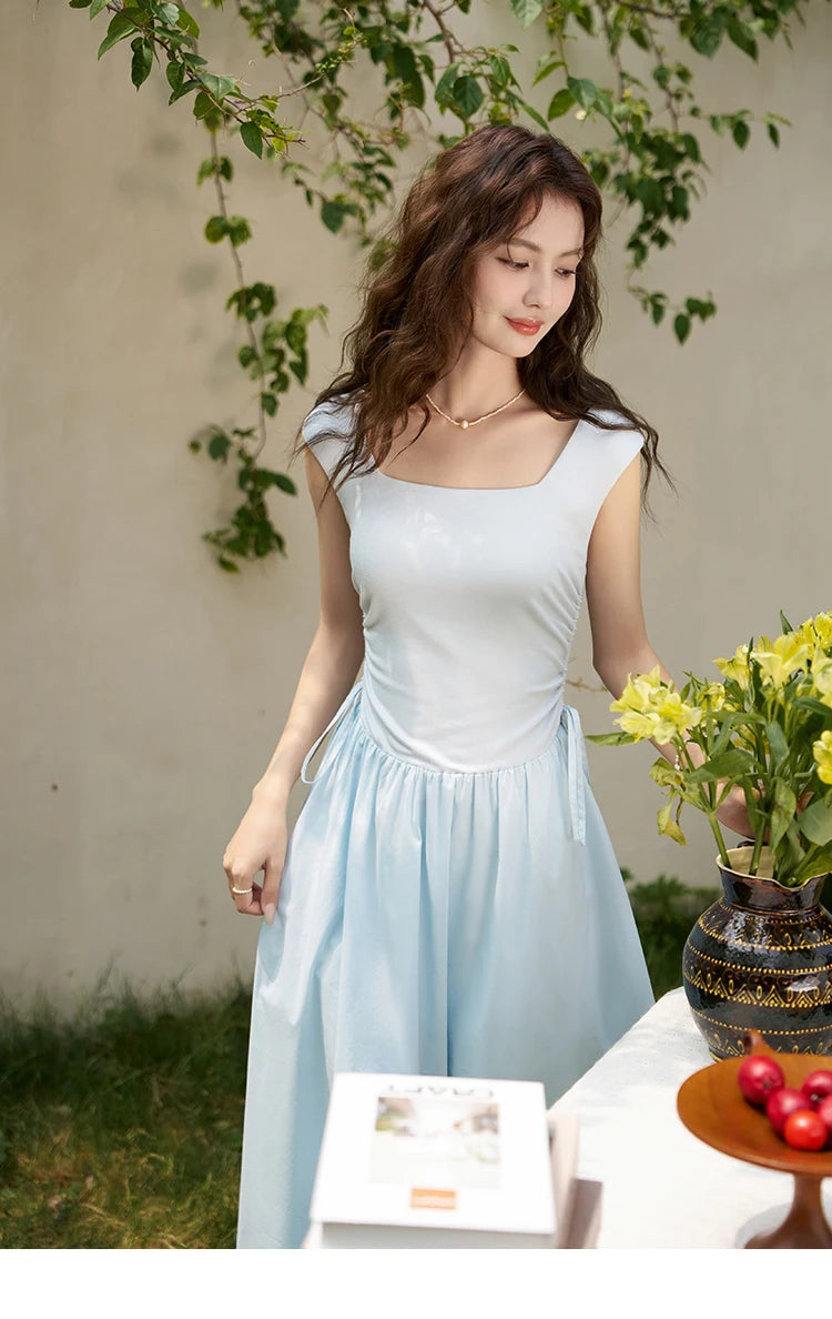 Mishow Square Neck Patchwork Side Drawstring Dress MXD23L1818
