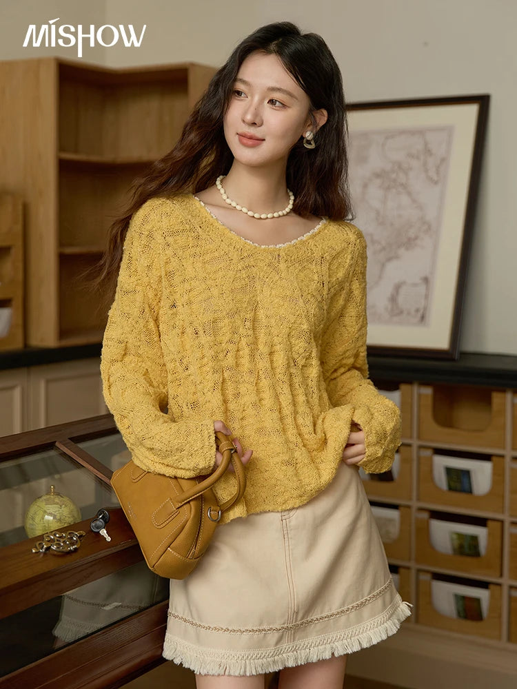 Mishow Bamboo Loop Yarn Hollow V-Neck Lace Sweater MXE43Z1349