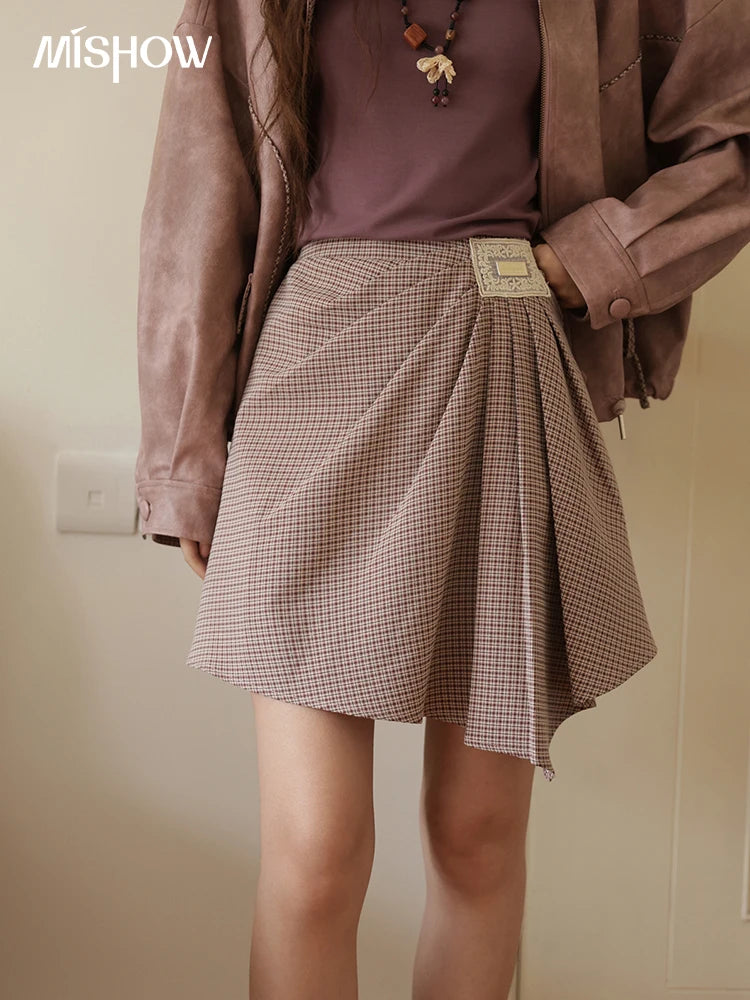 Mishow Purple Plaid Asymmetrical A-Line Skirt MXE45B2411