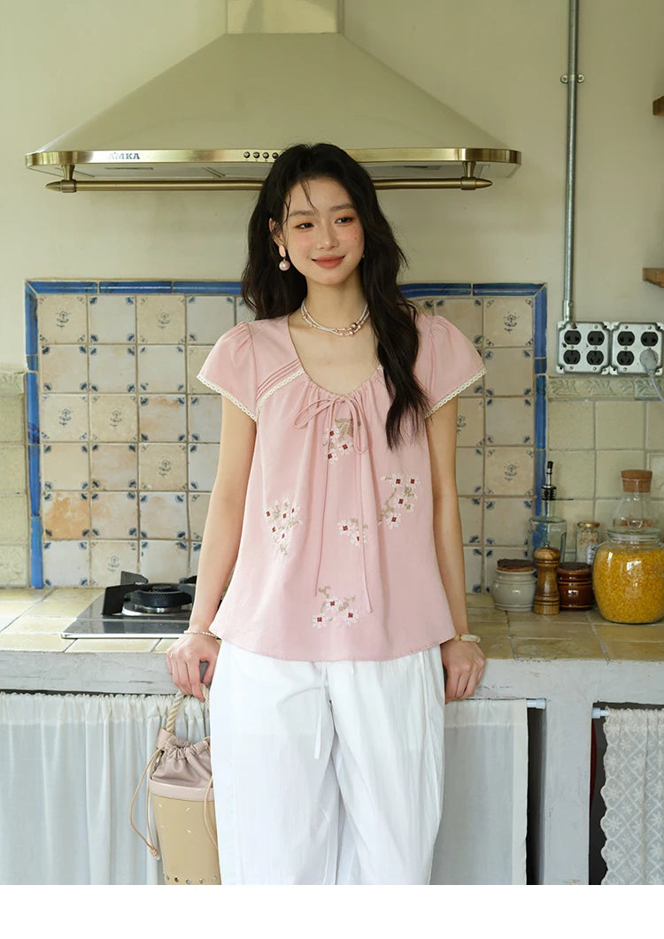 MISHOW Embroidery Flower Blouse O-Neck Lace Up Flying Sleeve MXE39X1880