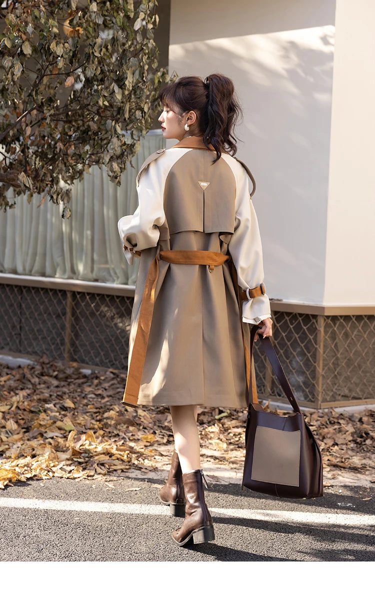 Mishow Khaki Contrast Color Spliced Trench Coat MXB31W0367