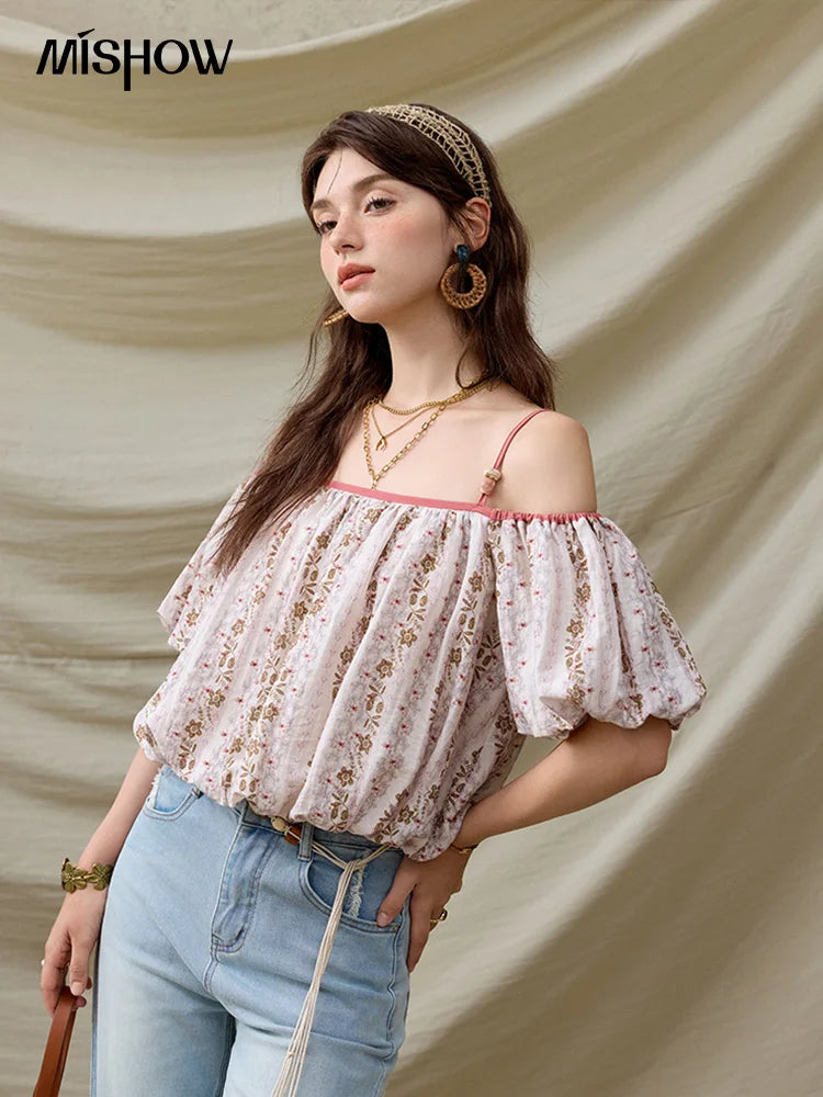 MISHOW One-Shoulder Floral Blouse Short Sleeve Contrast MXE31X1767