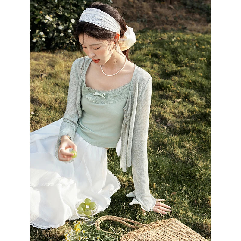 Mishow Light Green Lace Bow Camisole & Cardigan Set MXE15T0504