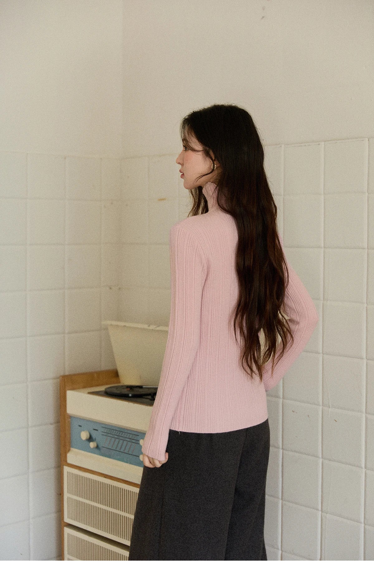 Mishow Solid Turtleneck Vertical Ribbed Slim Top MXE86Z2656
