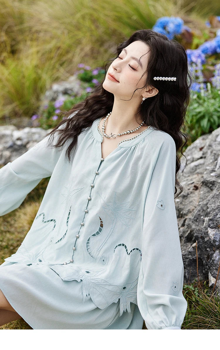 Mishow Vintage Hollow Embroidery Blouse & Solid A-Line Skirt Set MXE12T0455