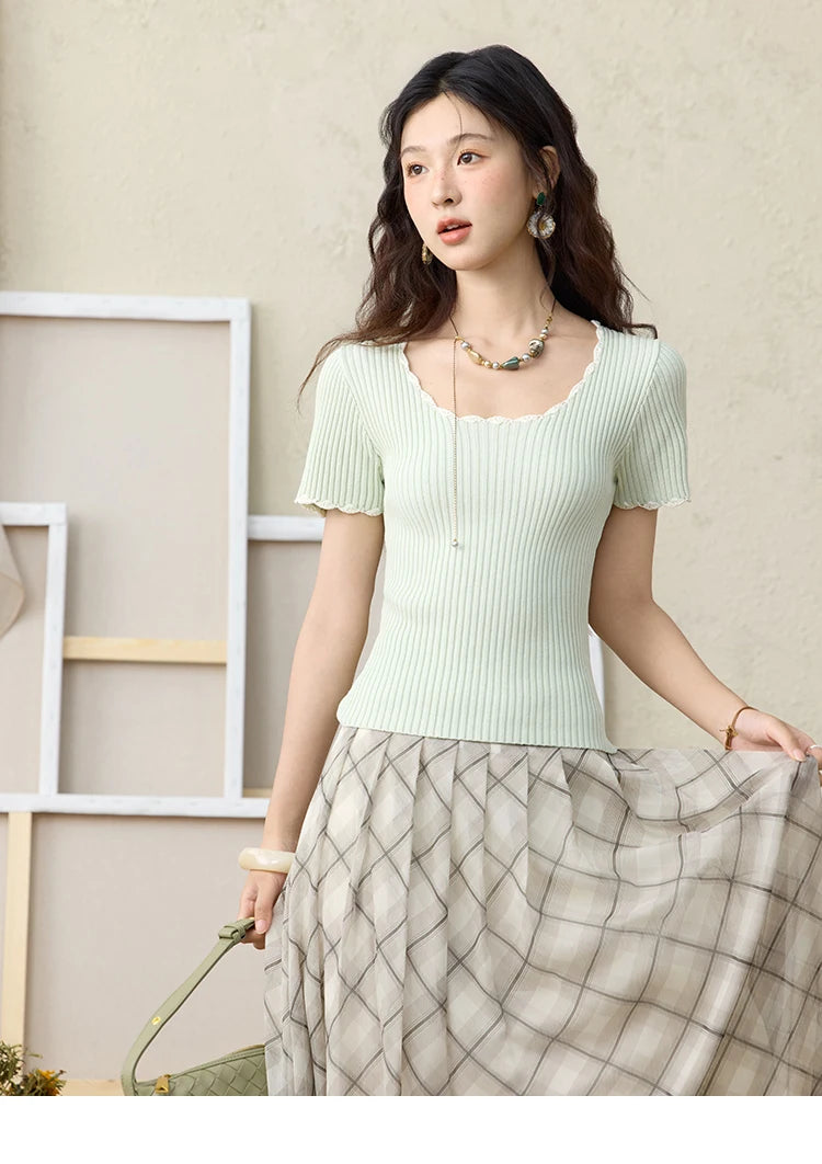 MISHOW Apricot Green Retro Plaid Skirt Pleated Chiffon High Waist A-Line MXE35B0747