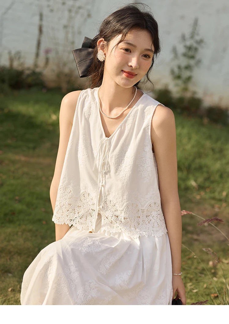 Mishow Embroidery V-Neck Lace Up Top & Elastic Waist Skirt Set MXE33T0593