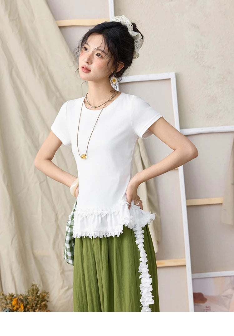 Mishow White Ruffled Tee with Red Lanyard Necklace MXE34T0557