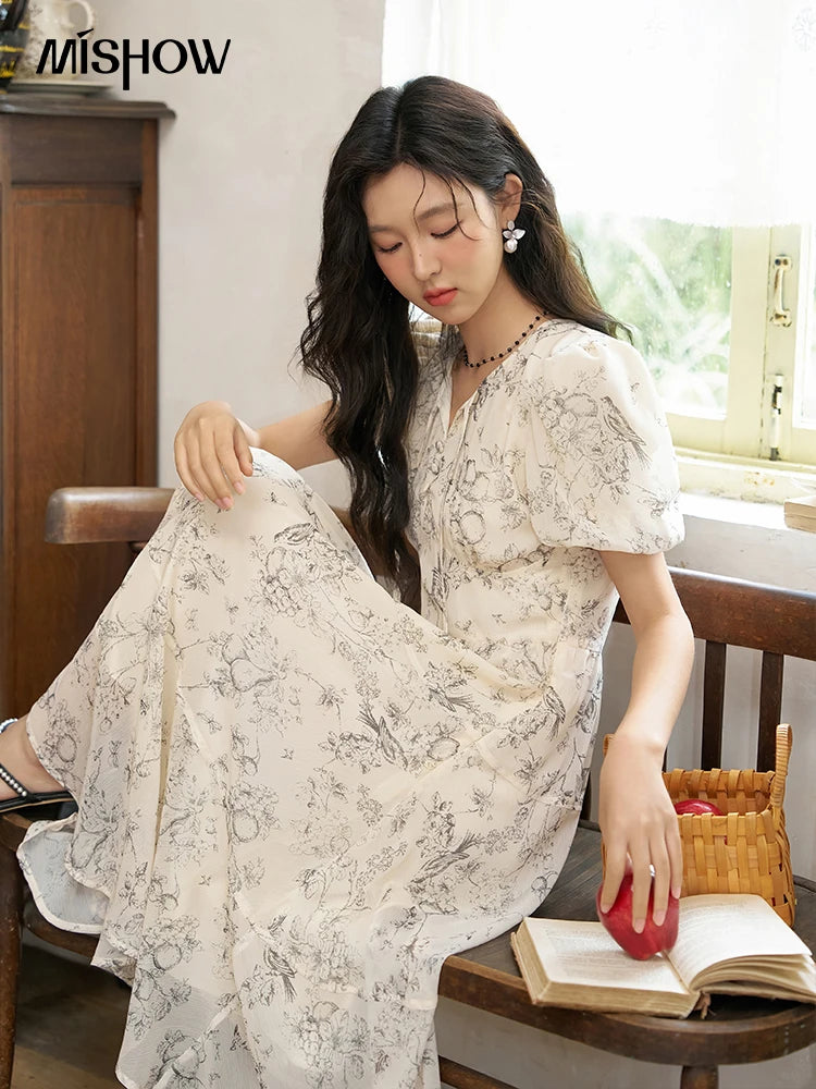 MISHOW Floral Print Lace-Up Chiffon Dress MXD27L1841