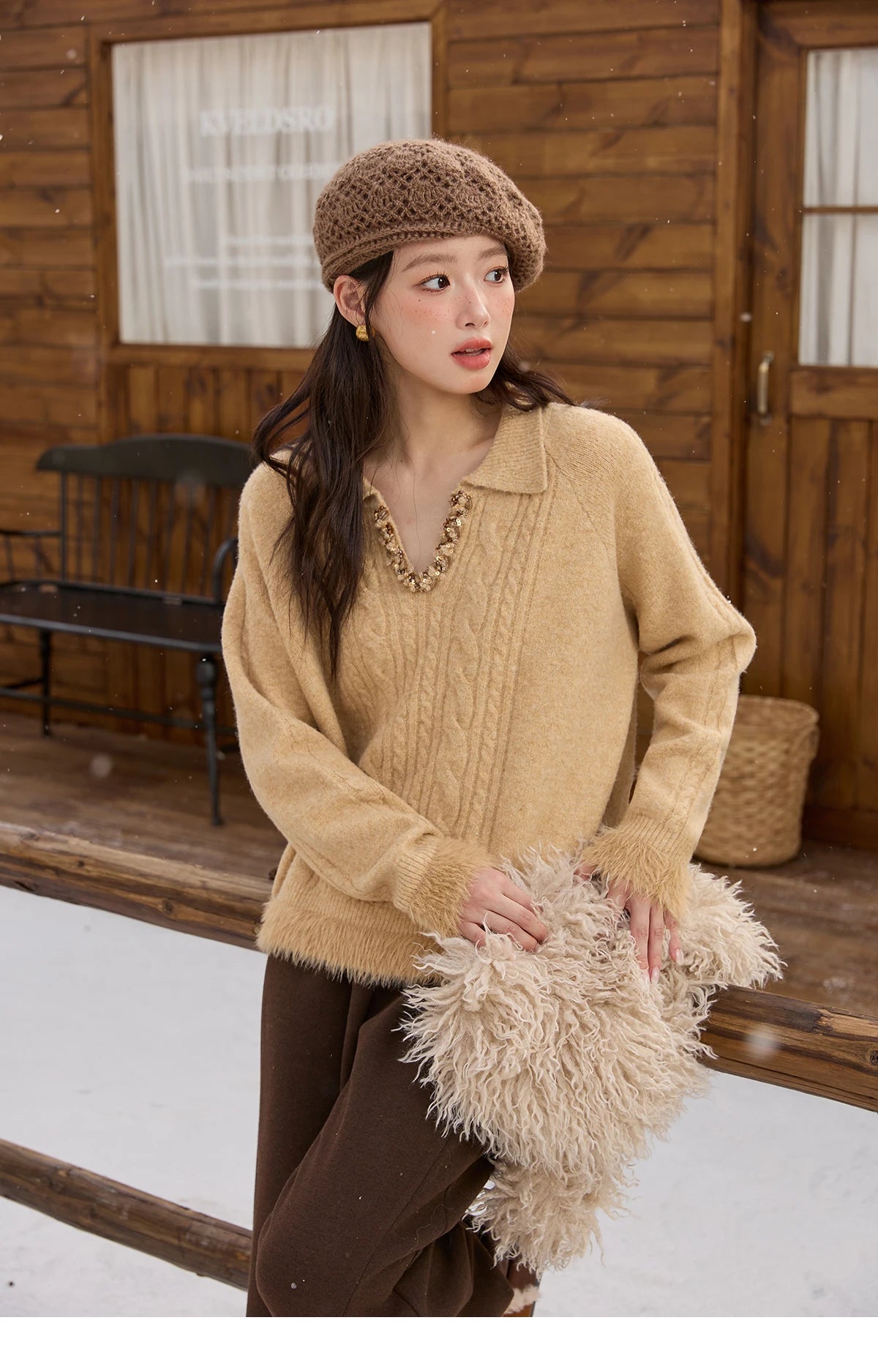 Mishow Yellow Cable Plush Hem Stitching Sweater MXE88Z2674