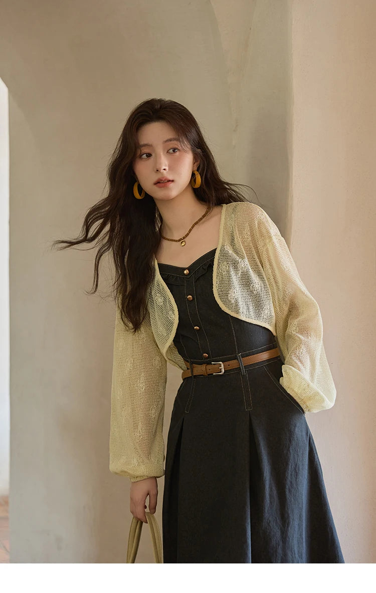 Mishow Lantern Sleeve Cardigan & Denim Strap Dress Set MXE41T0704