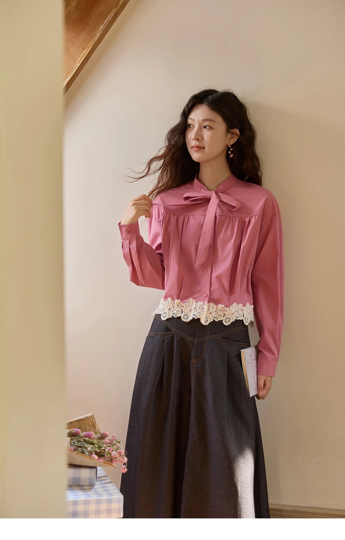 MISHOW Rose Red Stand Collar Shirt Bow Tie Hem Lace MXE43C2380