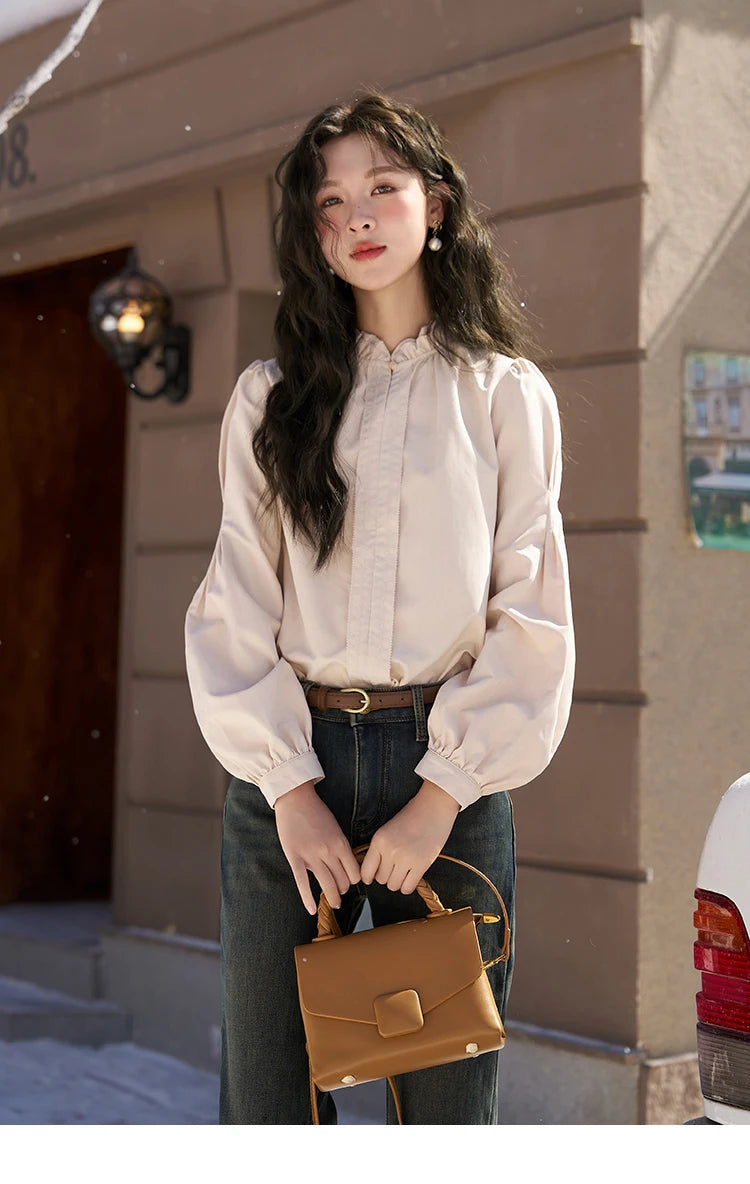 MISHOW Button Up Lantern Sleeve Shirt Ruffle Neck MXC56X1320