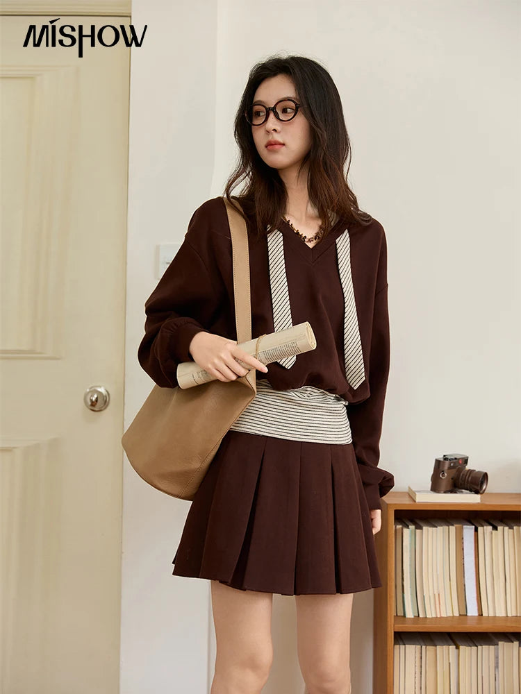 Mishow Retro Brown V-Neck Sweatshirt & Pleated Skirt Suit MXE47T1415