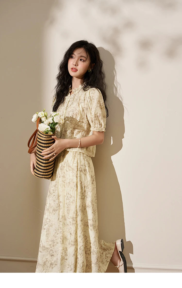 Mishow Chinese Embroidered Puff Sleeve Top & A-Line Skirt Set MXD24X1405