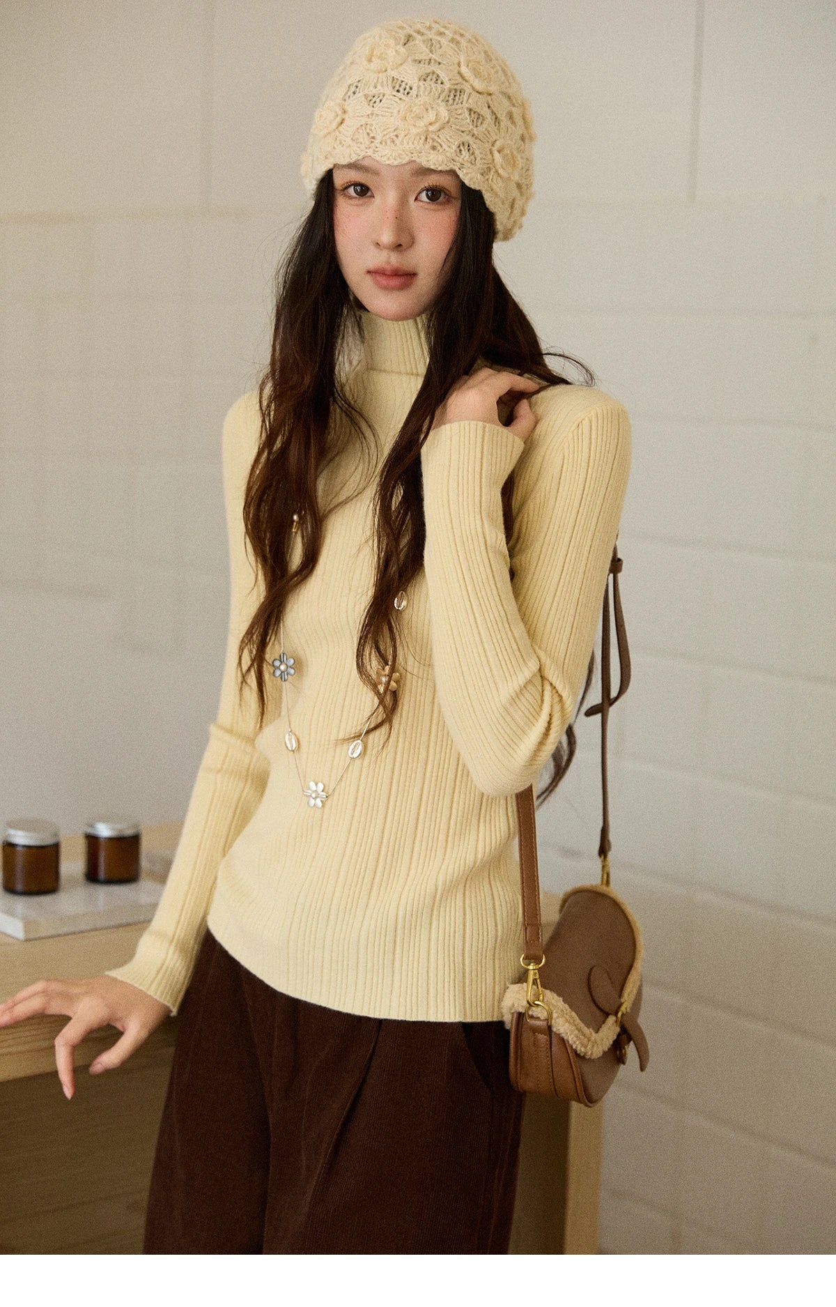 Mishow Solid Turtleneck Vertical Ribbed Slim Top MXE86Z2656