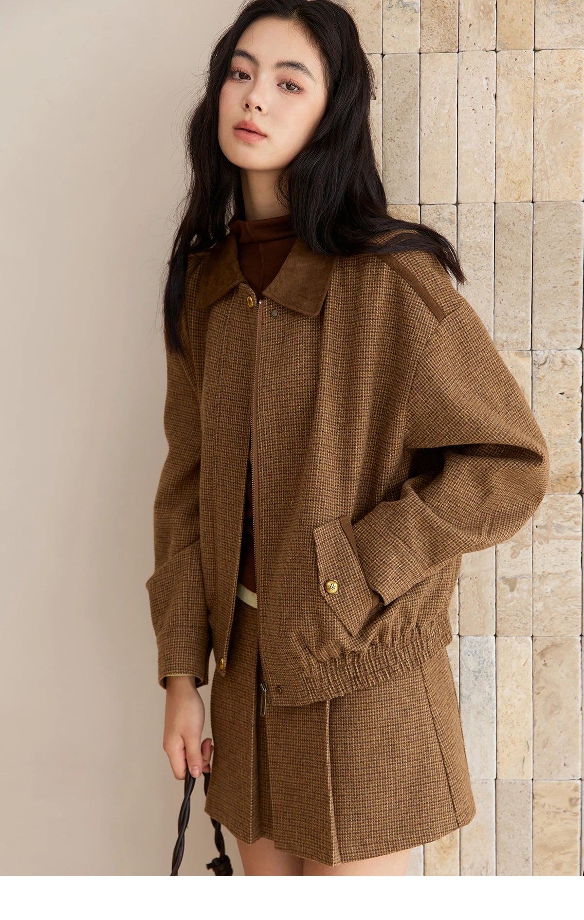 Mishow Plaid Zipper Jacket & Mini Pleated Skirt Set MXE49T1393