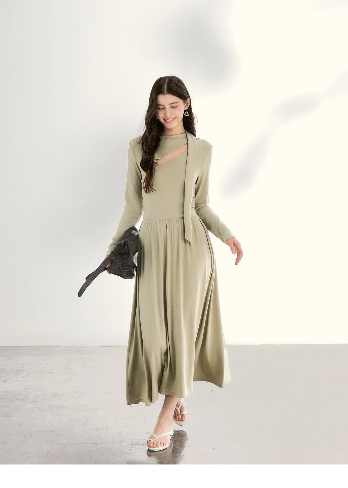 Mishow Light Green Cutout Neck Hollow Ribbon Dress MXF13L2556