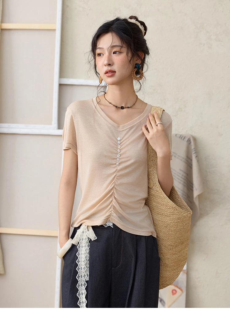 Mishow V-Neck Front Elastic Shell Button Tee MXE34T0560
