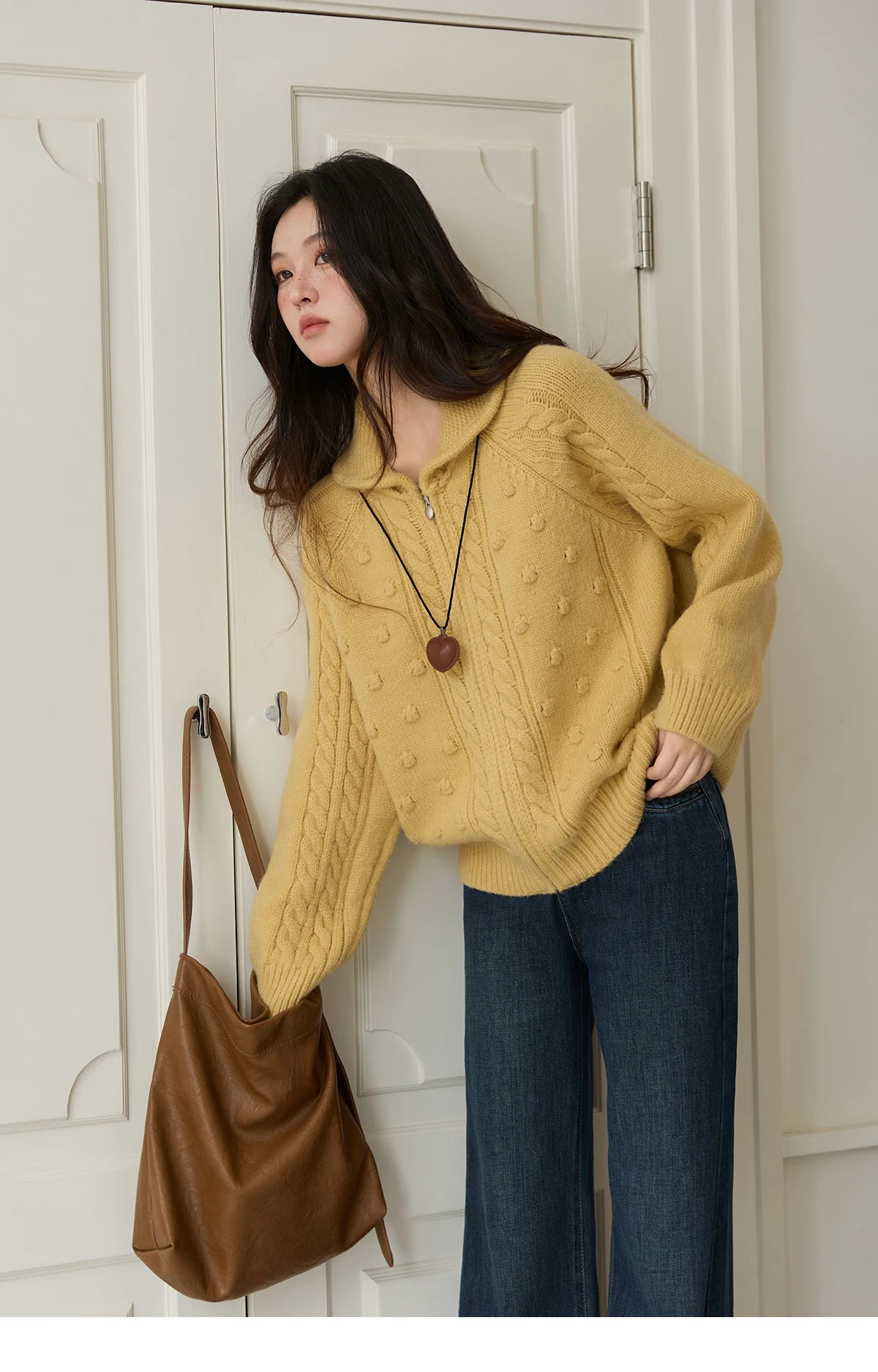 Mishow Yellow Zipper Turn-Down Collar Cardigan MXE49Z2619