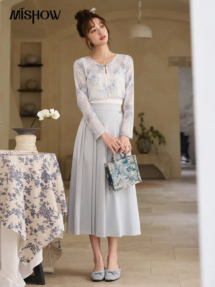 Mishow Elegant Hollow Cardigan & Camisole & Pleated Skirt Set MXD12W0342