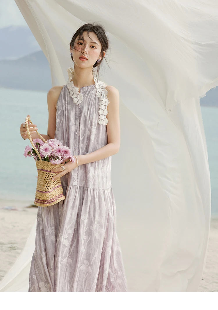 Mishow Purple Print Chiffon Stand Collar Dress MXE32L2163