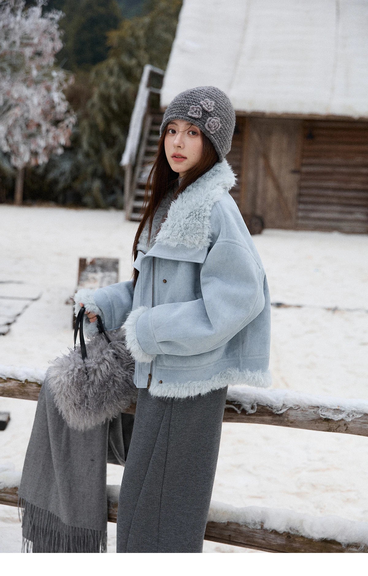 MISHOW Blue Plush Jacket Turn-Down Collar Zip-Up Loose MXE87W0917