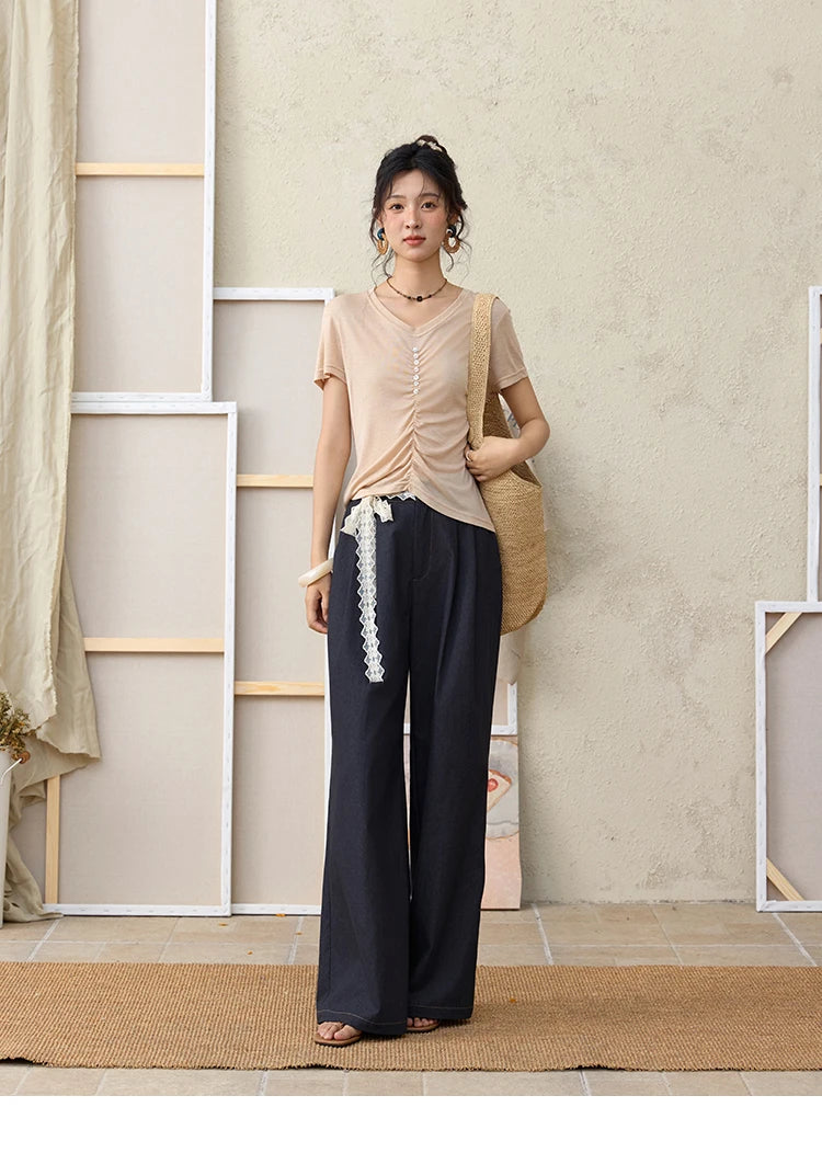 Mishow V-Neck Front Elastic Shell Button Tee MXE34T0560