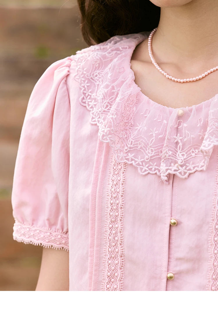 MISHOW Pink Spliced Lace Round Neck Blouse Metal Buttons MXE32X1768