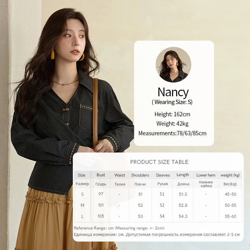 MISHOW Black Imitation Denim Shirt Side Lace-Up Lapel V-Neck MXE42C2374