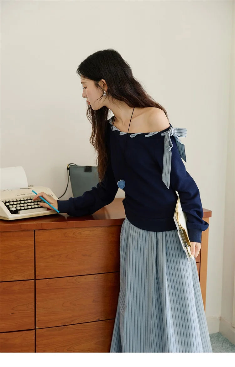 Mishow Blue Navy Slash Neck Contrast Lace Dress MXE45L2516