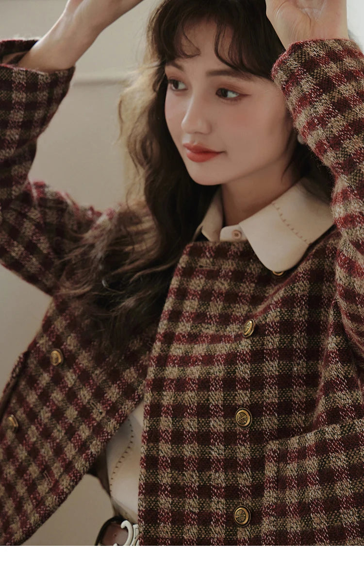 Mishow Vintage French Crop Plaid Woolen Top MXC48W0175