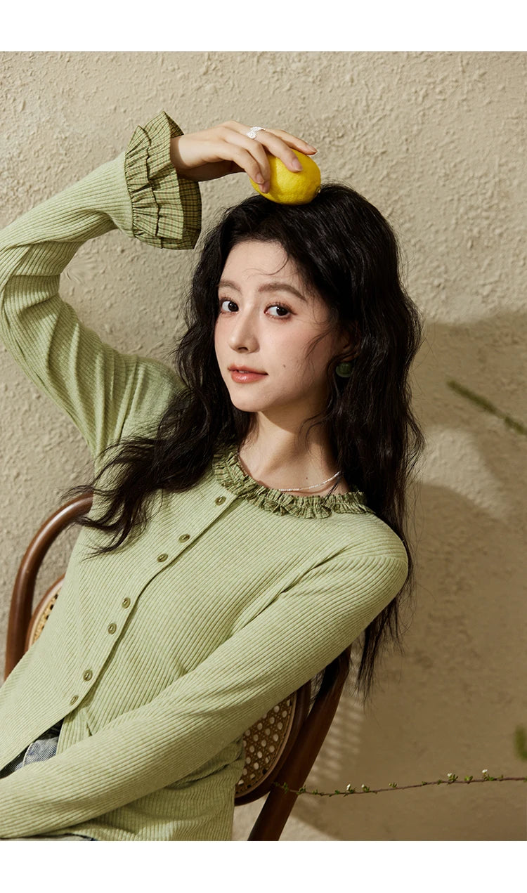 Mishow Green Plaid Lotus Leaf Sleeve Tee MXE14Z1152