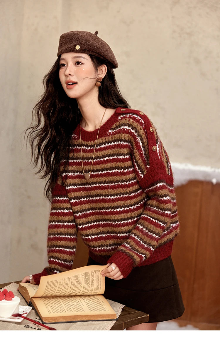 Mishow Christmas Retro Striped Wool Blend Button Sweater MXD59Z1060