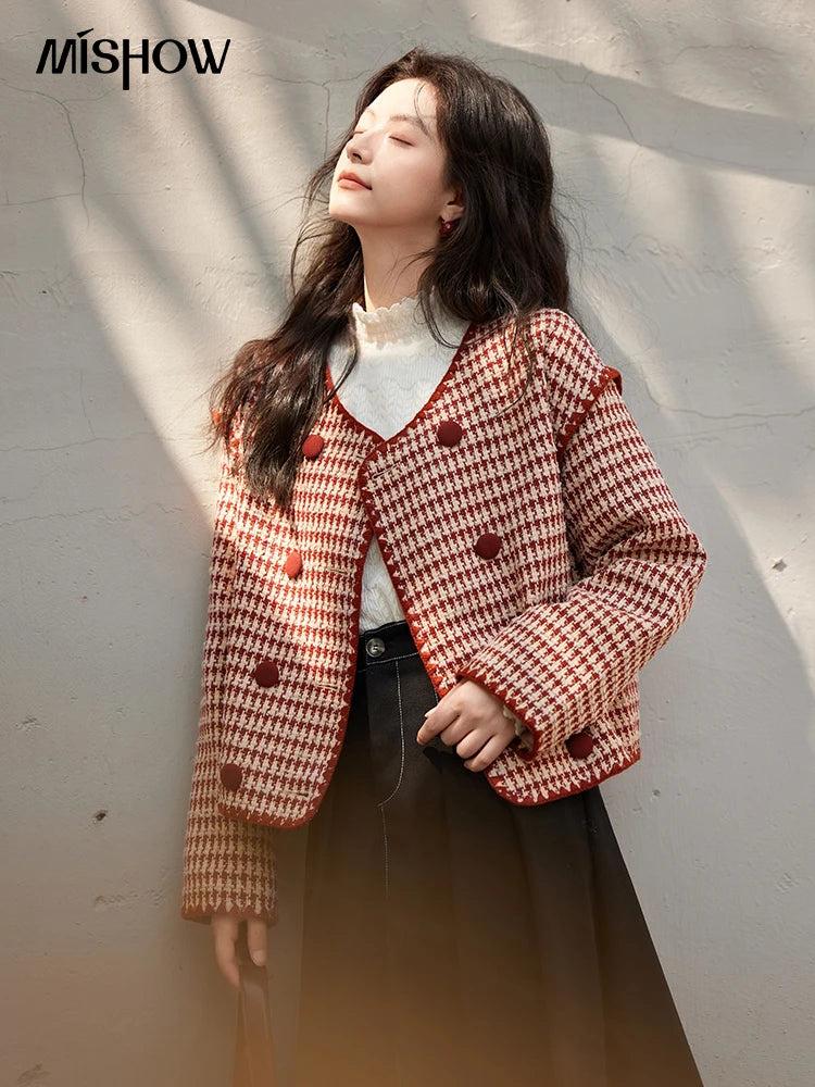 Mishow Red Plaid Double Breasted Tweed Jacket MXD56W0631