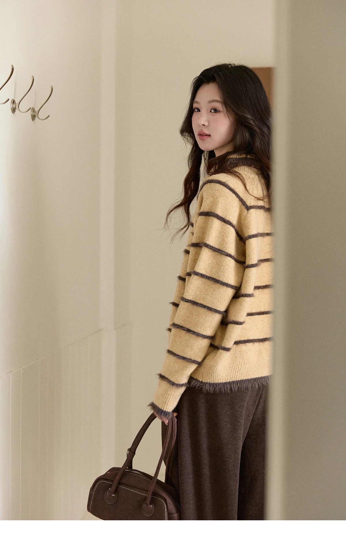 Mishow Faux Mink Fur Striped Lapel Tassel Sweater MXE93Z2945