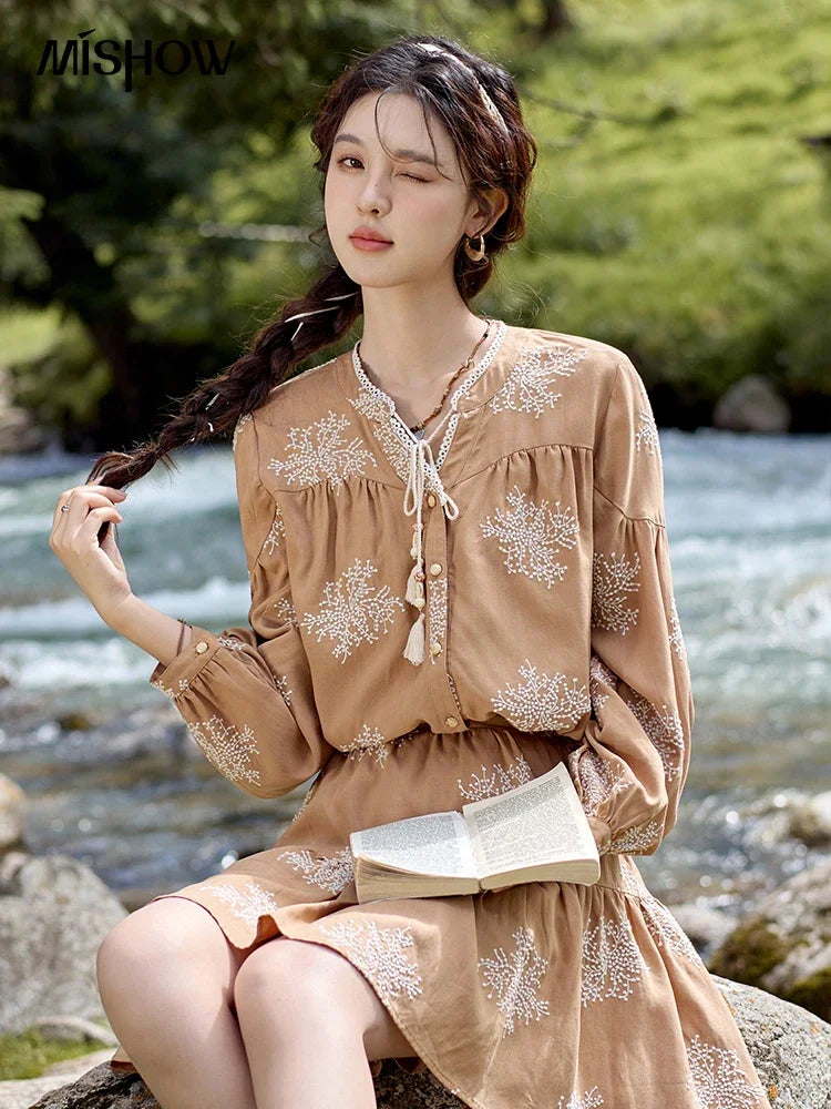 Mishow French Jacquard Tassel Lace Up Top & Flower Bud Skirt Set MXD41X1636