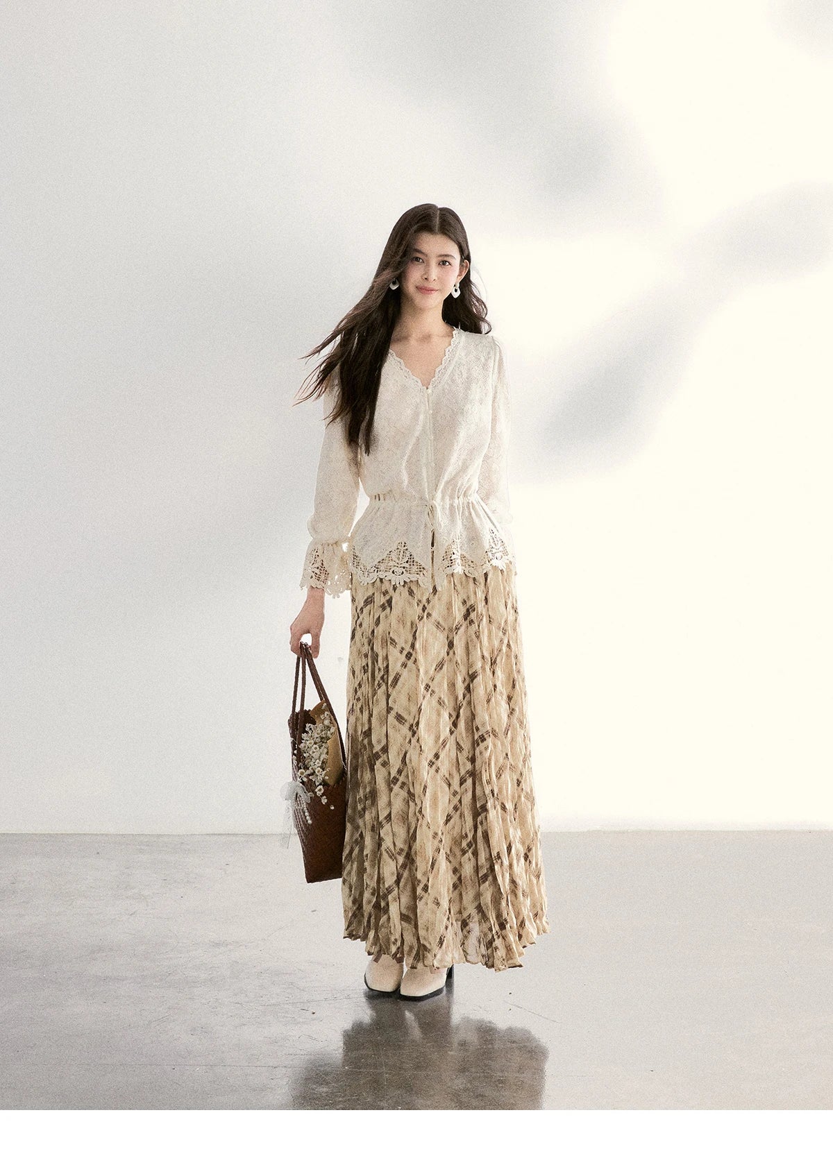 MISHOW Beige Plaid Maxi Skirt High Waist Flowy Elastic MXF108B0769