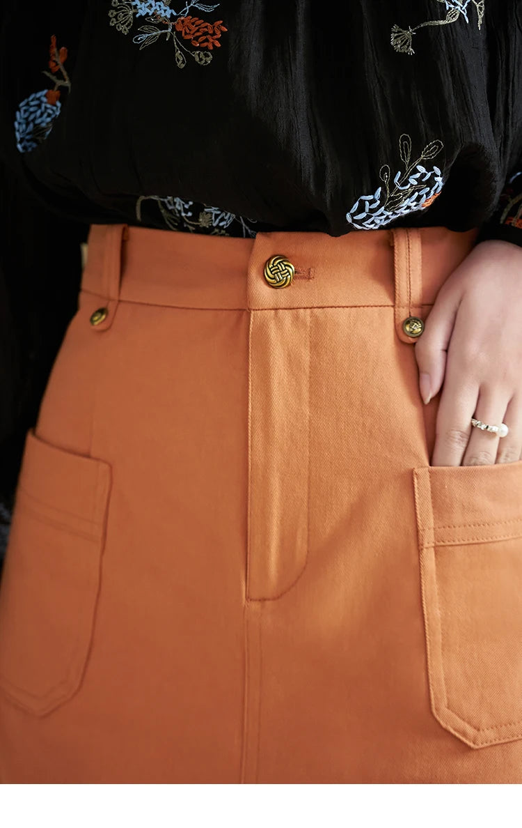 Mishow Orange High Waist Slim A-Line Pocket Skirt MXD13B0264