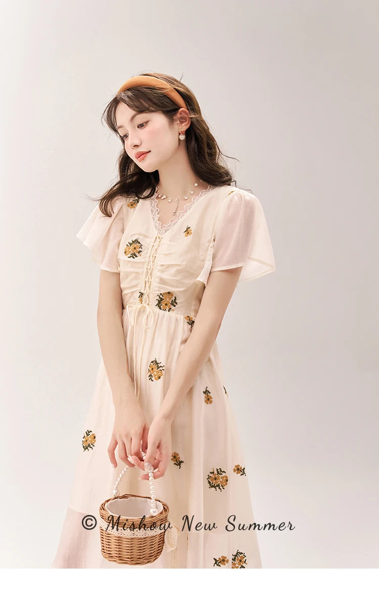 Mishow Van Gogh Sunflower Embroidered Butterfly Sleeve Dress MXC39L1524