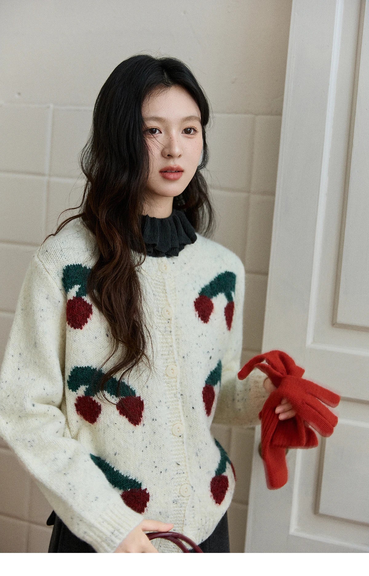 Mishow Cherry Jacquard Flecked Drop Shoulder Cardigan MXE91Z2837